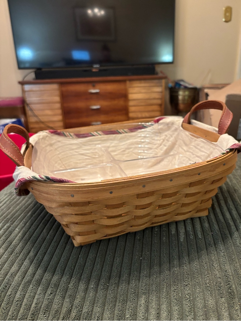 square handled Longaberger basket with fabric and plastic divided liner 2005